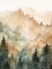 Muted Watercolor Mountain Ranges: Tranquil Tree-lined Artwork Capturing Serene Forests at the Base