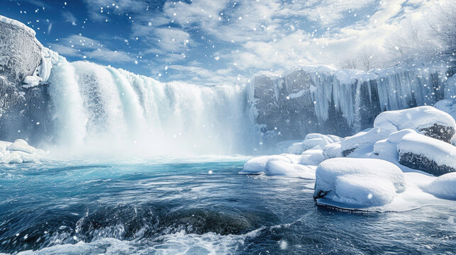 Picturesque waterfall surrounded by rocks covered in snow. Perfect for winter-themed designs or nature-related projects