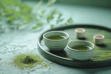 Obraz na płótnie Canvas A cup of matcha green tea and matcha powder with a matcha green tea maker on a simple background.