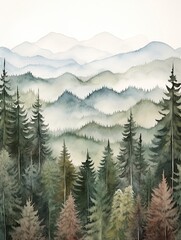Muted Watercolor Mountain Ranges: Forested Scenes Art Print