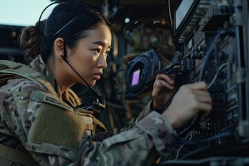 An Asian American female soldier in Army fatigues, operating advanced communication equipment, demonstrating technological expertise.