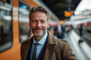 Portrait of a middle-aged man, a well-dressed businessman with a pleasant expression, stands on a train platform, preparing for a business trip or daily commute to work