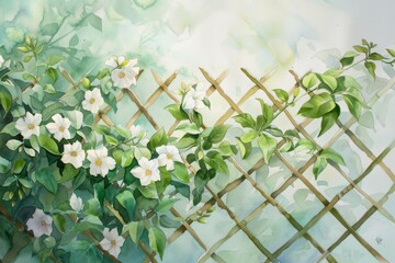 Delicate white flowers, possibly jasmine or clematis, climb and twine around a weathered wooden fence, creating a cascade of white against the rough brown wood