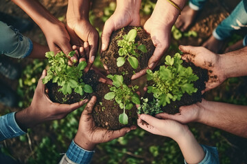 Group of people holding plants in dirt. This image can be used to showcase gardening, teamwork, or environmental conservation