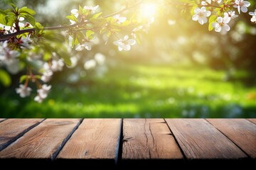 Empty rustic wooden table for mockup product display. With spring garden in background. Ai Generative - obrazy, fototapety, plakaty