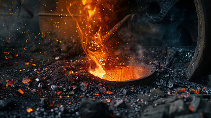A striking image of an industrial forge with molten metal, capturing the raw energy and intensity of the metalworking process