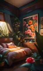 Stylish interior of bedroom with beautiful exotic flowers on wall, Generative AI
