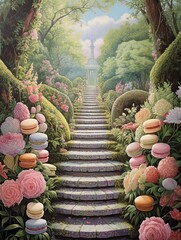 Pastel Parisian Macaron Towers: Pathway Scenic Garden Tea Party Wonderland - obrazy, fototapety, plakaty
