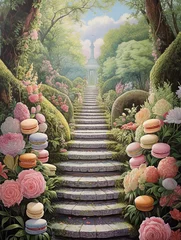 Foto op Canvas Pastel Parisian Macaron Towers: Pathway Scenic Garden Tea Party Wonderland © Michael