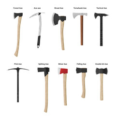 Axes different types with inscription metallic industrial weapon wooden handle set realistic vector