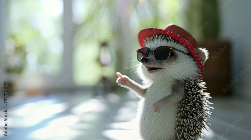 Poster hedge wearing sunglasses and red hat. perfect for adding touch of fun and whimsy to any project