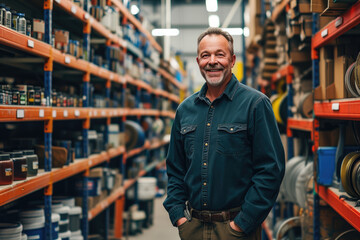 Smiling Caucasian middle-aged man in hardware warehouse, standing with hands in trouser pockets, surrounded by various hardware items