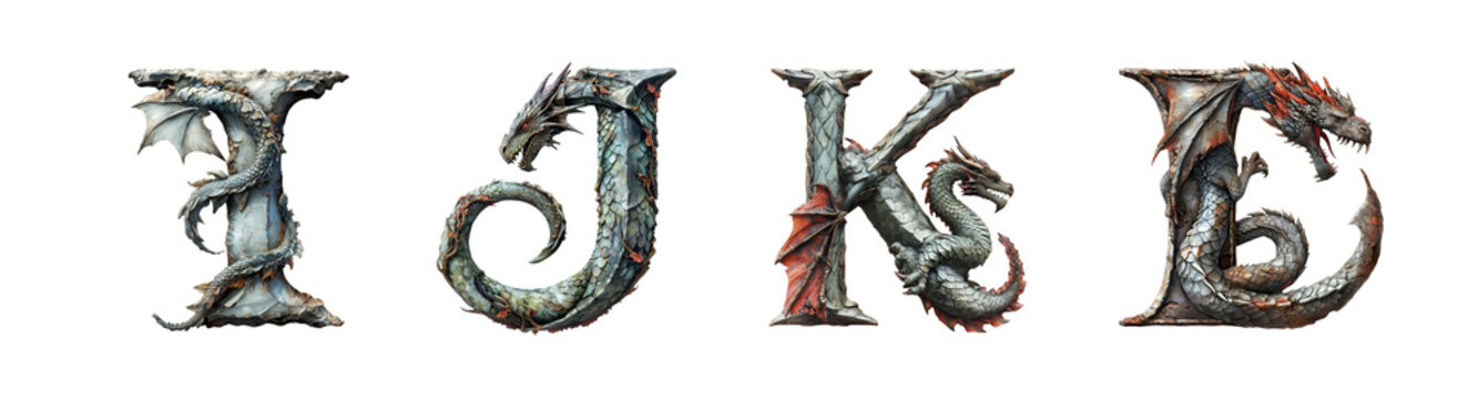 Letters I, J, K, L in dragon style. Unusual fantasy font on the transparent background.