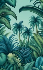 Tropical vintage botanical landscape, palm tree, banana tree, plant floral seamless border blue background. Exotic green jungle wallpaper, Generative AI