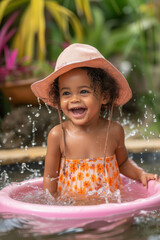 Smiling brown skinned toddler wearing baggy peach tank sundress with orange marigolds print happily splashing in wading pool, pink sun hat dangling around neck from string.