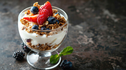 Refreshing glass of yogurt topped with juicy berries and crunchy granola. Perfect for healthy breakfast or snack