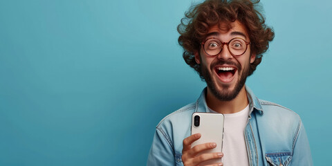 Young European man holding a smartphone looking excited and surprised, representing modern communication and joy on a blue background. - obrazy, fototapety, plakaty