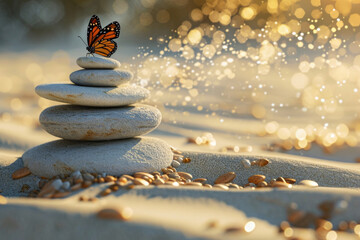 Fototapeta na wymiar Butterfly perched on stack of rocks. Suitable for nature-themed designs or as symbol of resilience and beauty in challenging situations