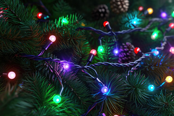 Obraz na płótnie Canvas Close-up view of Christmas tree adorned with twinkling lights. Perfect for holiday-themed designs and festive decorations