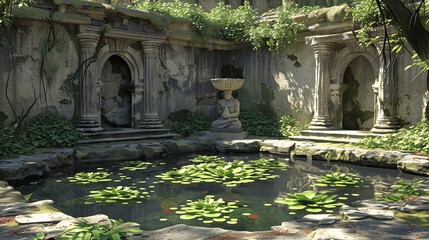 An ancient, abandoned sacred temple with intricate architecture, nestled in lush greenery, beside a serene pond adorned with lily pads.