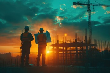 A silhouette of male architects and engineers Looking at the blueprint Planning and reviewing blueprints while standing and talking on a construction site in the evening light of sunset.