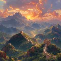 Fotobehang Majestic Sunset Over the Great Wall of China - Breathtaking Landscape Panorama © RobertGabriel