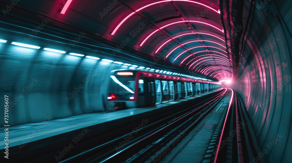 Poster train is pictured traveling through tunnel next to platform. this image can be used to depict transp