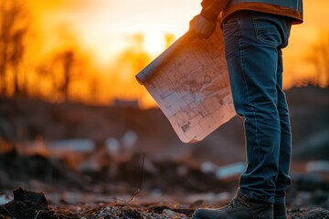 A male architect or engineer looking at the blueprint Plan and check blueprints on construction site at sunset.