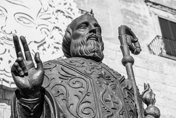 Russian Orthodox statue of Saint Nicholas in front of the basilica in the San Nicola square, Bari,...
