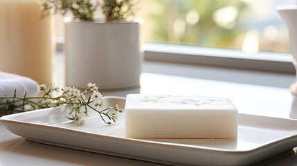 A bar of handcrafted soap remains on a dish, basked in the soft morning light that filters through a green plant, embodying natural home care. - obrazy, fototapety, plakaty