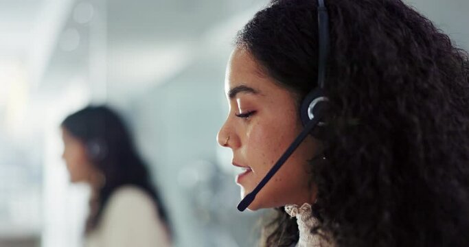 Face, virtual assistant or woman in call center for communication, support or customer service. Advice, help or female sales agent speaking online for telemarketing, consultation or expert assistance