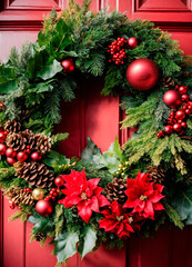 Naklejka premium beautiful Christmas wreath on the door. Selective focus.