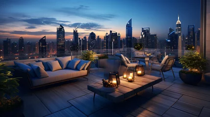  Rooftop patio with a city © Black