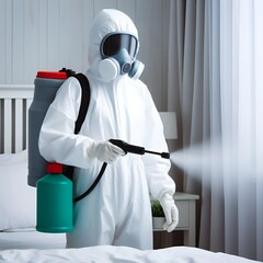 Faceless pest control worker in a protective suit sprays insect poison in bedroom