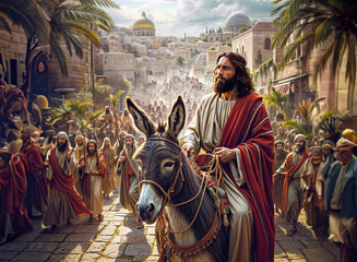 Jesus entering Jerusalem on donkey on Palm Sunday