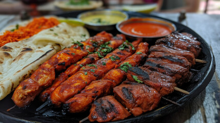 Black plate with delicious assortment of meat and vegetables. Perfect for food-related projects