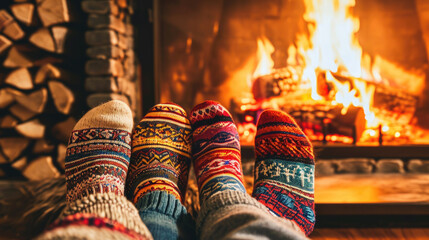 Peaceful and warm scene with two feet in socks sitting in front of fireplace. Perfect for creating cozy atmosphere.