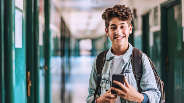 Young boy is seen smiling while holding cell phone. This versatile image can be used to depict technology, communication, or modern lifestyle