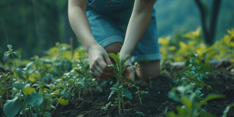 Woman is shown kneeling down in field of plants. This image can be used to depict gardening, agriculture, nature, or relaxation
