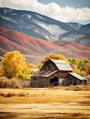 Rustic Barns amidst Fall Foliage: Mountain Backdrop in Hilly Terrain