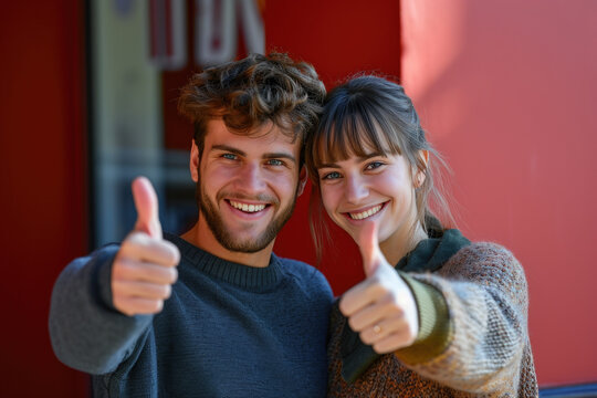 Picture of man and woman showing their approval by giving thumbs up. This image can be used to represent agreement, success, or satisfaction in various contexts