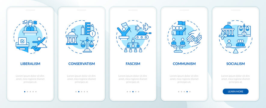 Political ideologies blue onboarding mobile app screen. Walkthrough 5 steps editable graphic instructions with linear concepts. UI, UX, GUI template. Myriad Pro-Bold, Regular fonts used