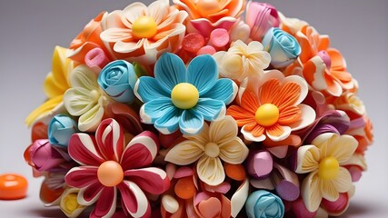 bouquet of colorful flowers, A colorful bouquet of flowers made entirely out of delicious candies, each one carefully crafted to resemble a different type of flower.