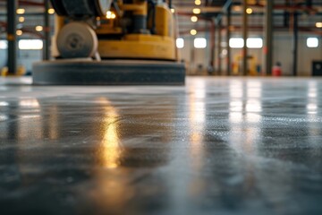 A concrete surface polisher before applying epoxy or polyurethane and epoxy floors using a high-speed floor polisher or surface cleaning machine in a factory. - obrazy, fototapety, plakaty