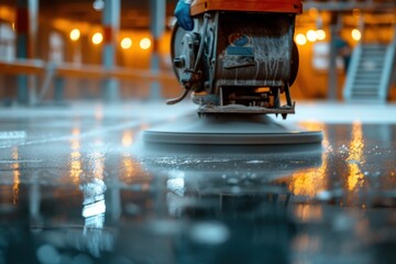Close-up of a concrete surface polisher before applying epoxy or polyurethane and epoxy floors using a high-speed floor polisher or surface cleaning machine in a factory. - obrazy, fototapety, plakaty