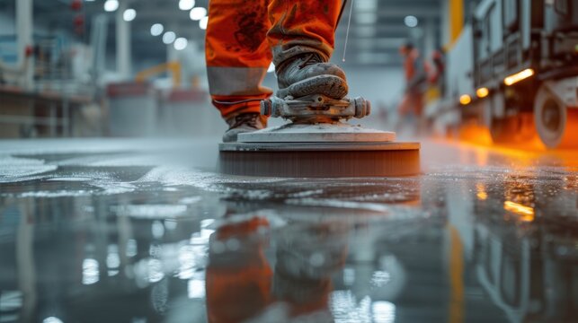 A worker polishes a concrete surface before applying epoxy or polyurethane and epoxy floors with a high-speed floor polisher or surface cleaning machine in a factory.