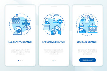 Branches of government blue onboarding mobile app screen. Walkthrough 3 steps editable graphic instructions with linear concepts. UI, UX, GUI template. Myriad Pro-Bold, Regular fonts used