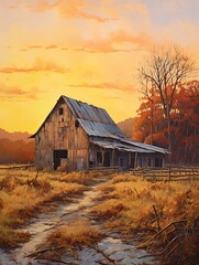 Golden Hour Glow: Rustic Barns Bathed in Fall Foliage at Sunset