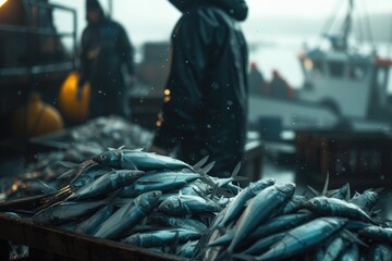 Off loading fresh caught Tuba fishes at harbor. Slight motion blur. Northern ocean fishery, fishing...