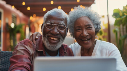Joyful elderly couple taking a selfie with a laptop outdoors - obrazy, fototapety, plakaty